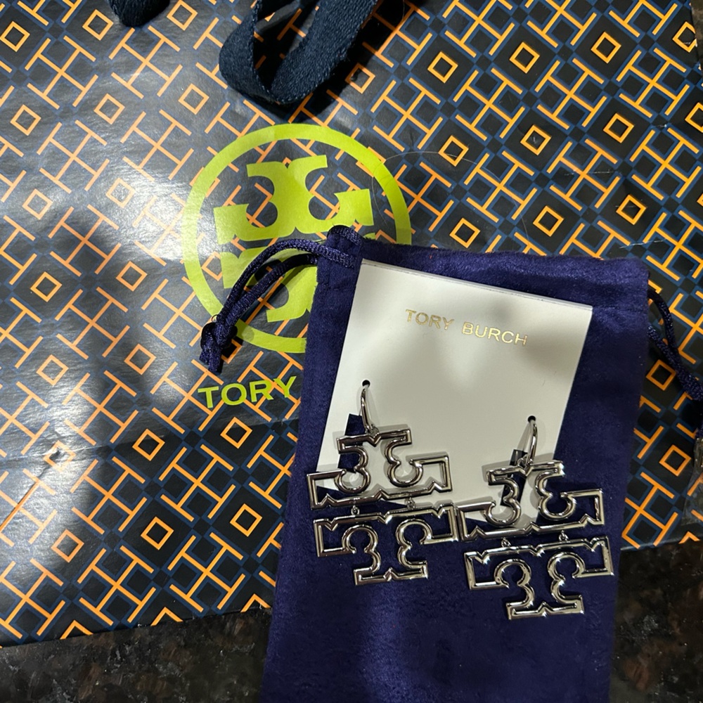 Tory Burch Silver Britton Logo Earrings NWT